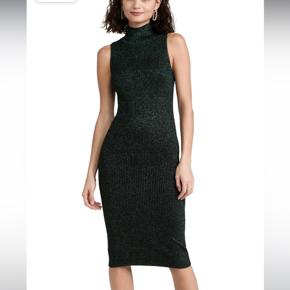NWT BB DAKOTA SLEEVELESS TURTLENECK SWEATER MIDI DRESS IN BLACK/GREEN METALLIC